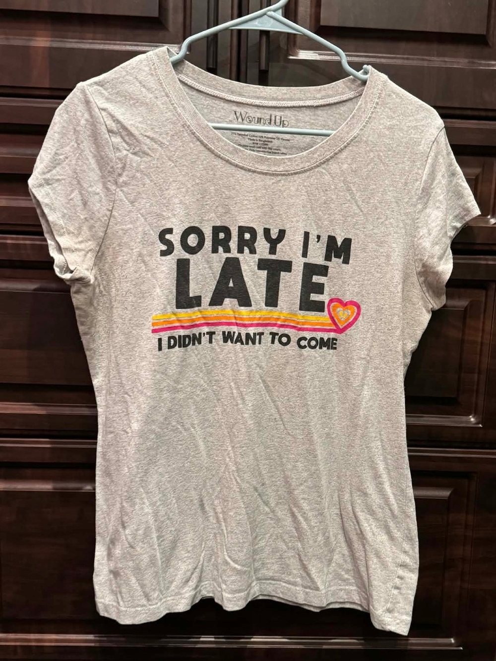 Sorry I'm Late Graphic Tee - Light Gray with Yellow & Pink Accent JUNIORS XXL